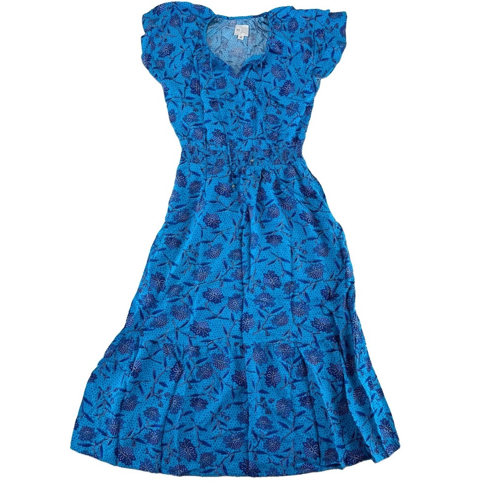 Destination 365 Short Sleeve Midi Dress XS Turquoise Floral Blue